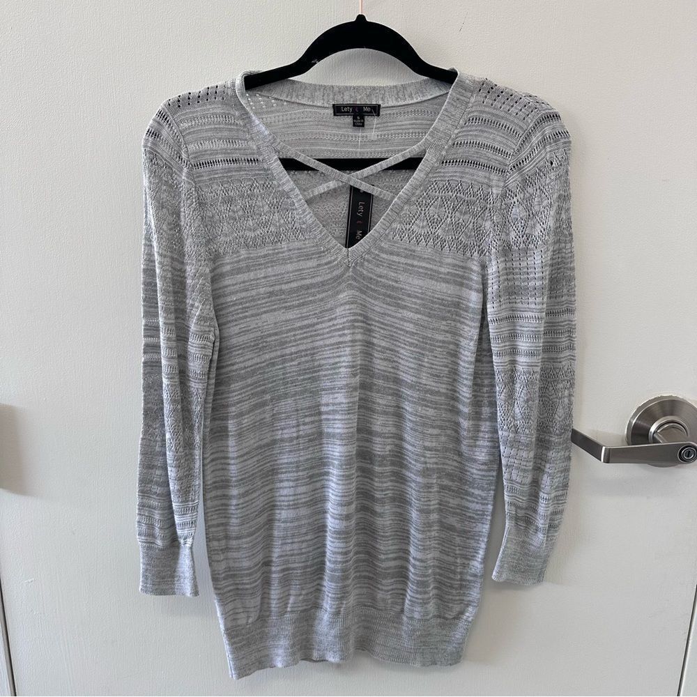 ⭐️Lety & Me Light Gray Lace Knit Sweater V-Neck With Criss Cross & Crochet